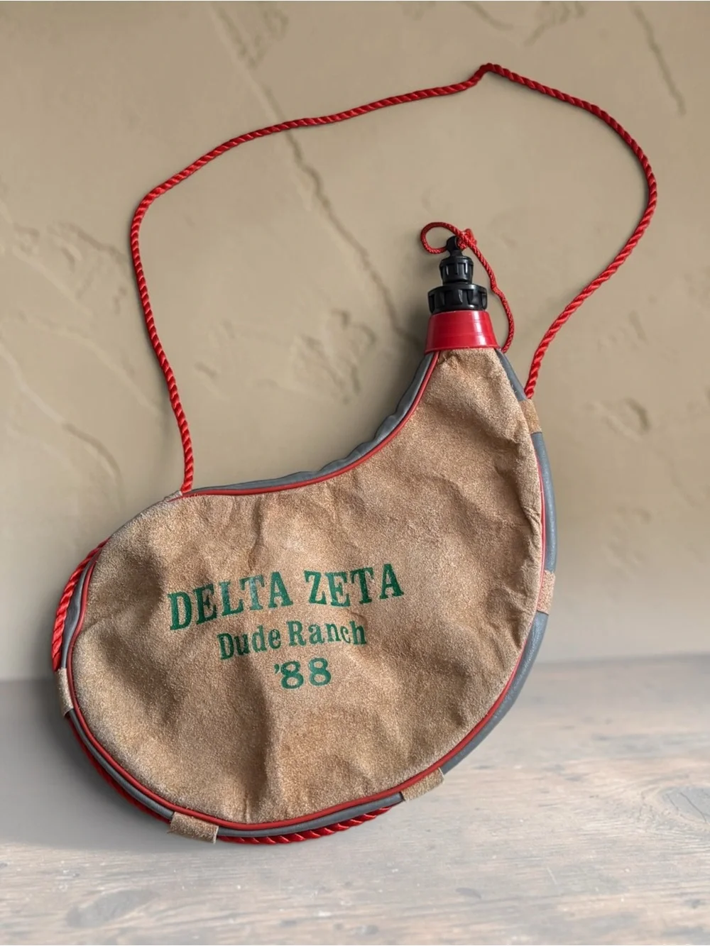 Delta Zeta '88 Kids Brown Suede Canteen Bag with Red Trim